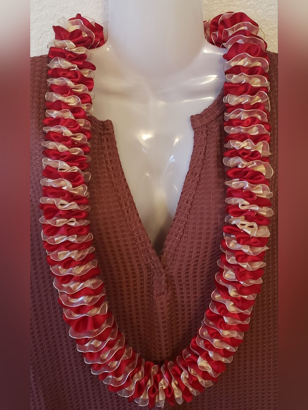 Red and Cream Ruffled Satin Lei Necklace